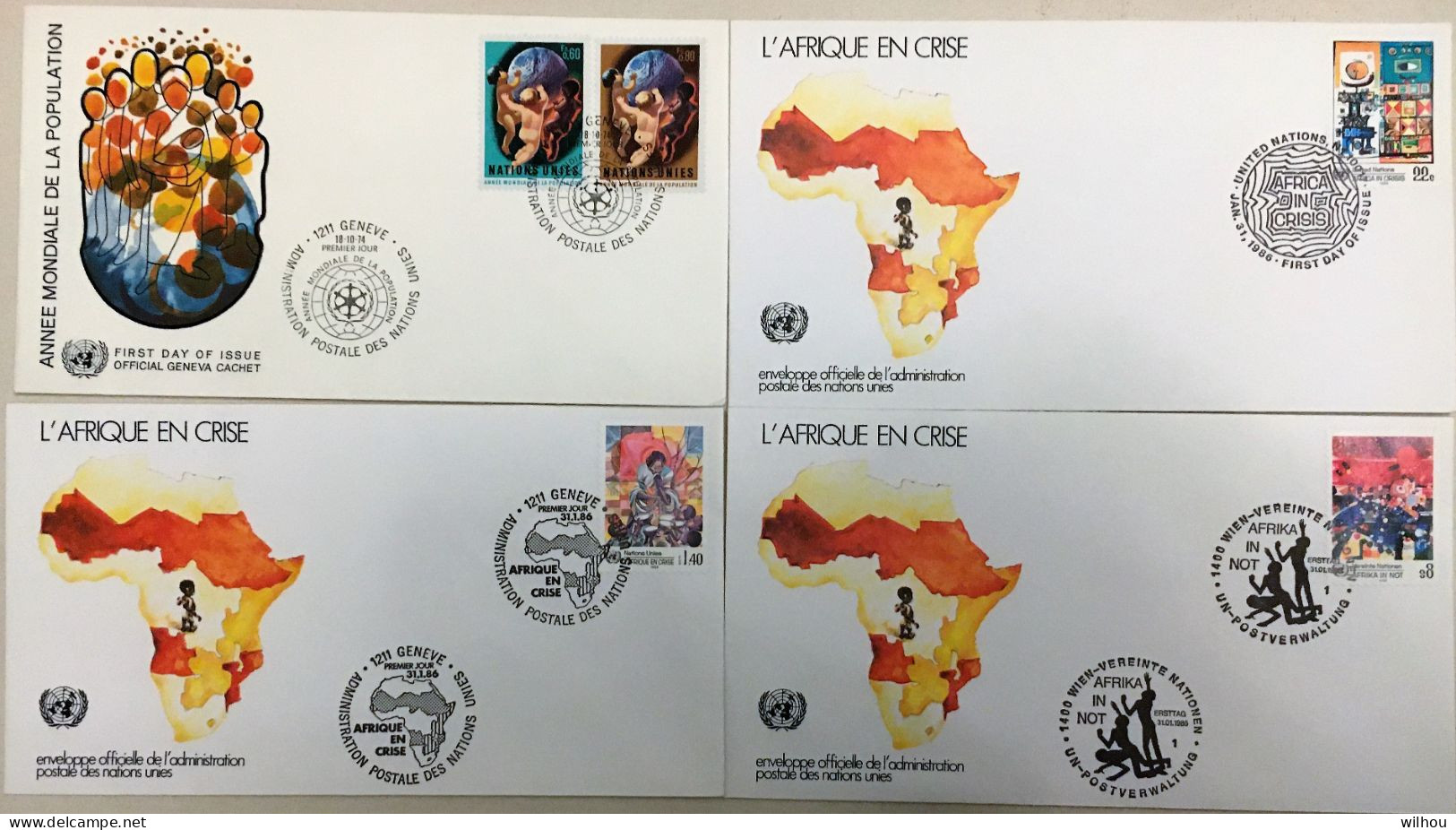 LOT DE 4 ENV FIRST DAY UNITED NATIONS ANNEES 74-86 L'AFRIQUE EN CRISE 5 TIMBRES OBLITERES AU TOTAL - Lots & Serien