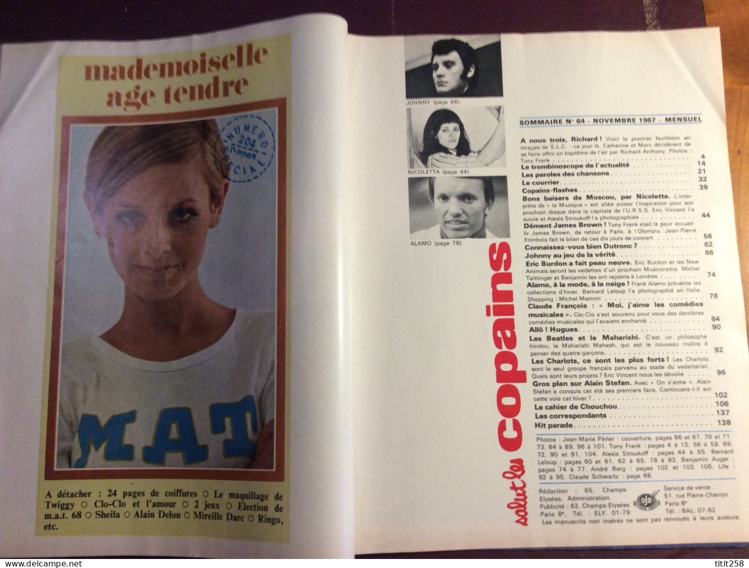 SALUT LES COPAINS N° 64 / 1967 . CLAUDE FRANCOIS / POSTER JOHNNY / BEATLES / PUB PEPSI COLA - Musique