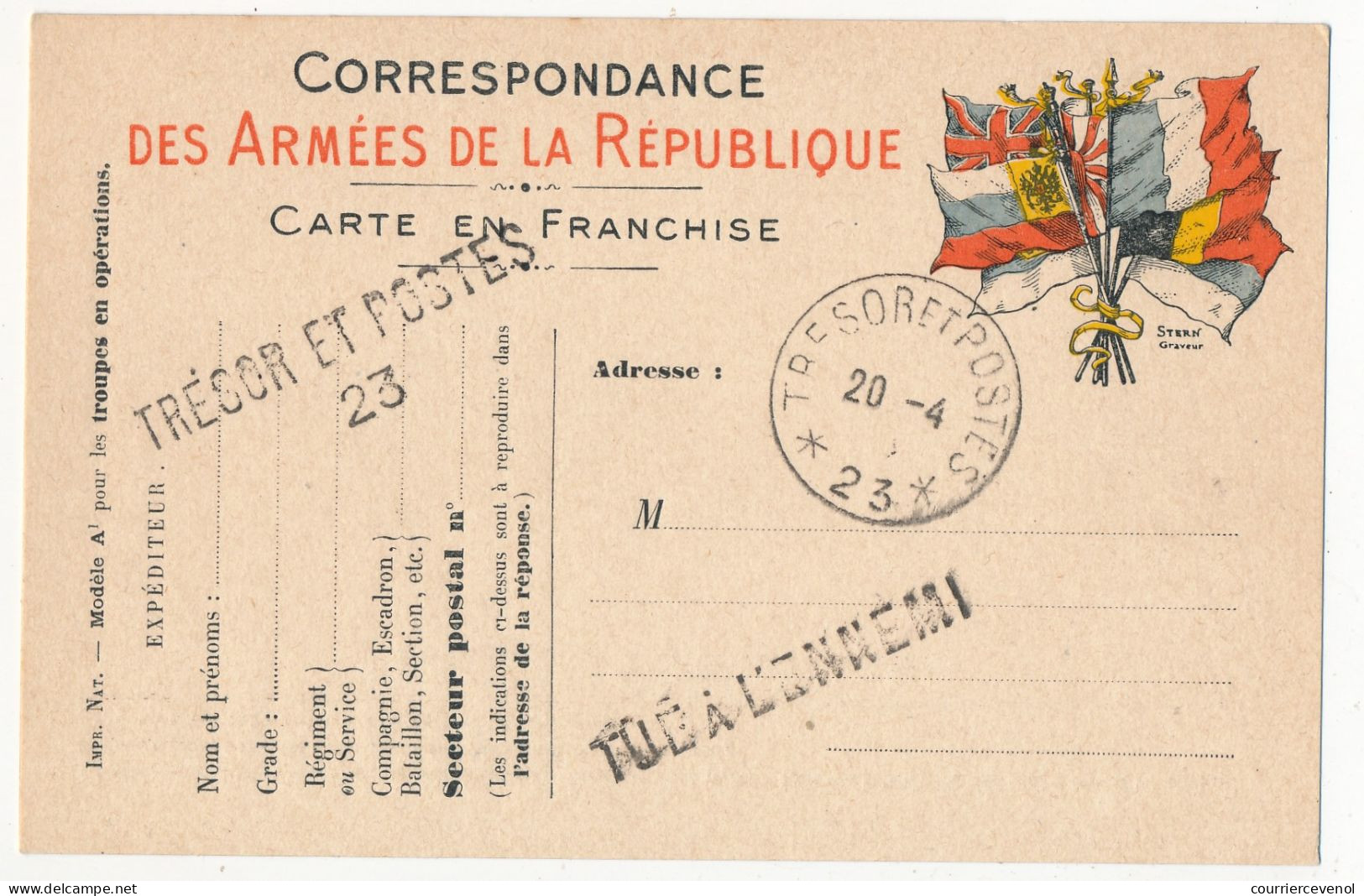 Carte FM Officielle 7 Drapeaux (Stern) Avec Cachets Et Griffes De Complaisance, Dont "Tué à L'ennemi" - Lettres & Documents