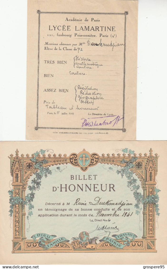 LYCEE LAMARTINE PARIS 9e PRIX TABLEAU D'HONNEUR + 2 BILLETS D'HONNEUR 1941 - Diplômes & Bulletins Scolaires