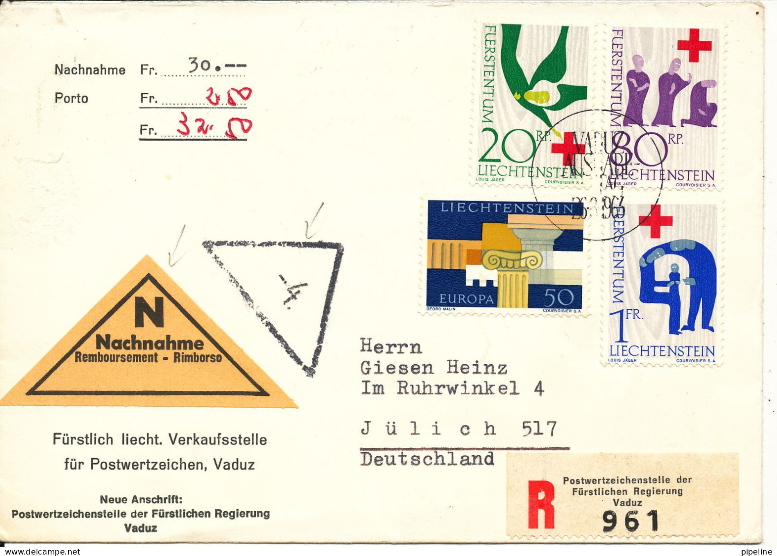 Liechtenstein Registered Remboursement Cover Sent To Germany 26-8-1963 RED CROSS Stamps - Cartas & Documentos