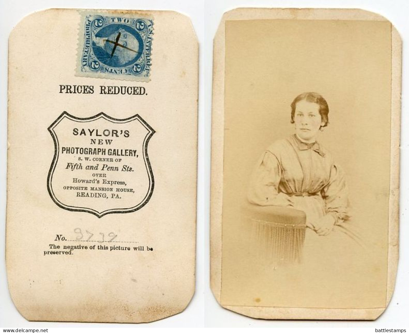 United States 1860‘s Photograph, Woman - Saylor’s, Reading Pennsylvania; Scott R13c Revenue Stamp - Fiscali