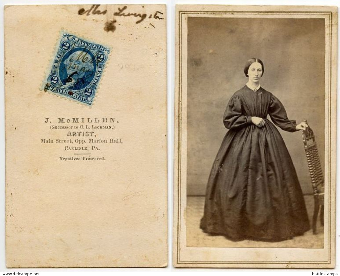 United States 1860‘s Photograph, Woman - J. McMillen, Carlisle Pennsylvania; Scott R11c Revenue Stamp - Fiscale Zegels