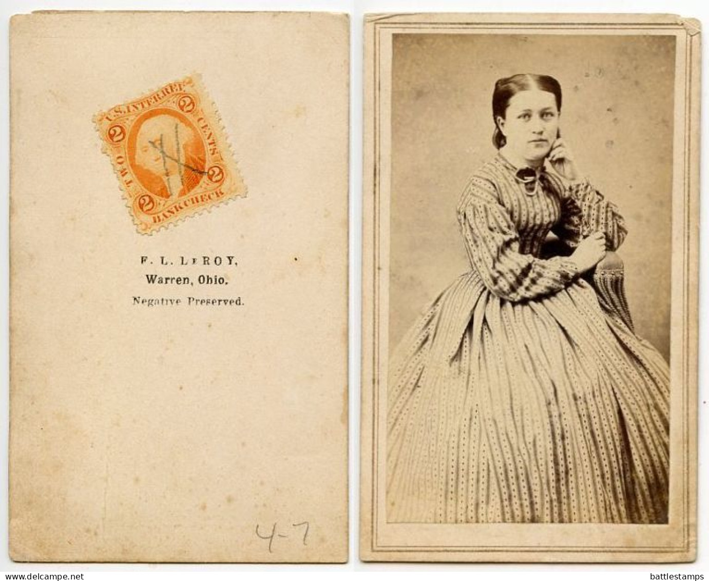 United States 1860‘s Photograph, Woman - F.L. Leroy, Warren Ohio; Scott R6c Revenue Stamp - Fiscaux