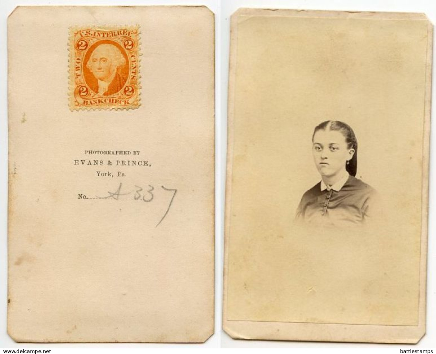United States 1860‘s Photograph, Woman, Evans & Prince, York Pennsylvania, Scott R6c Revenue Stamp - Fiscali