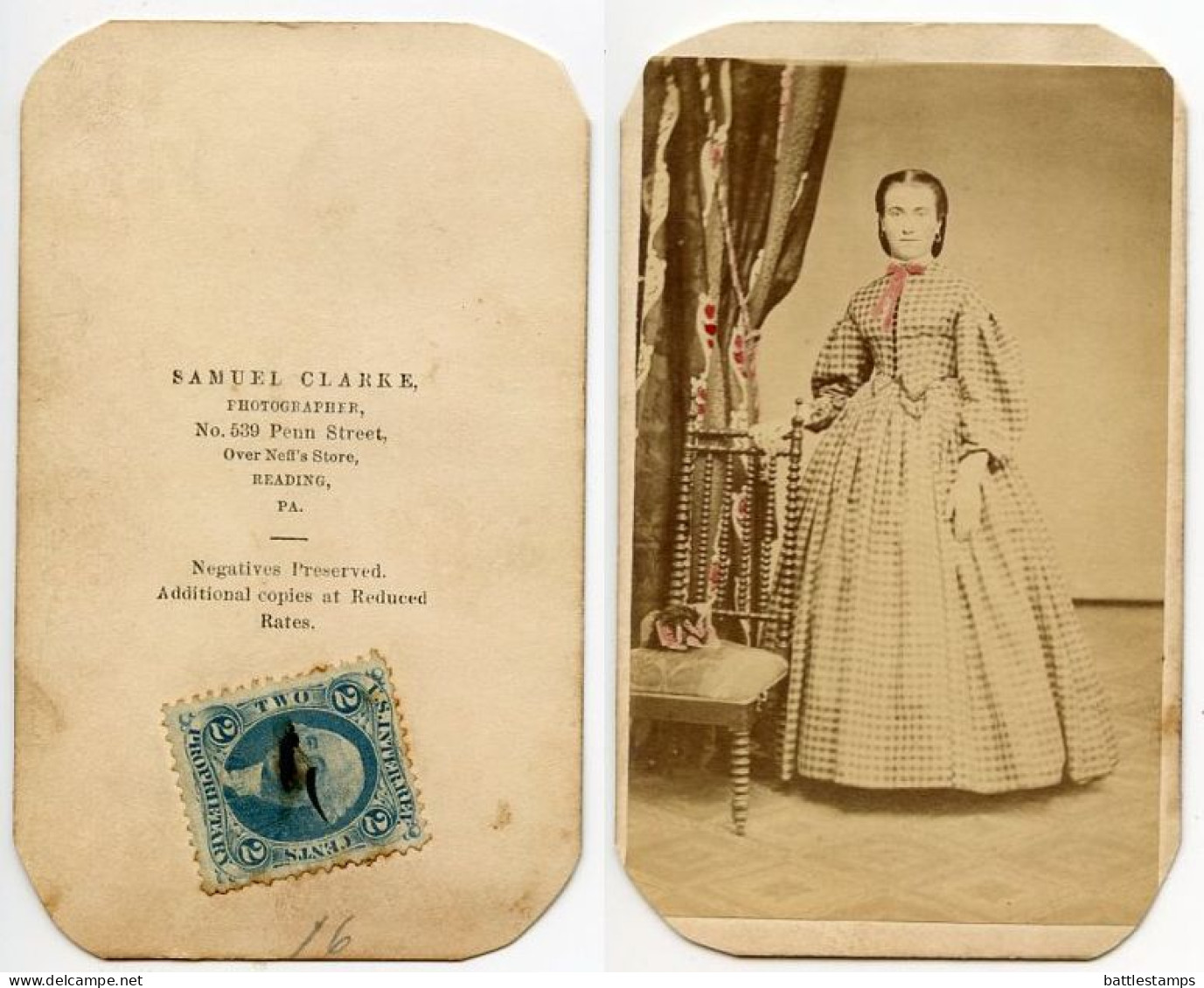 United States 1860‘s Photograph, Woman, Samuel Clarke, Reading Pennsylvania, Scott R13c Revenue Stamp - Fiscal