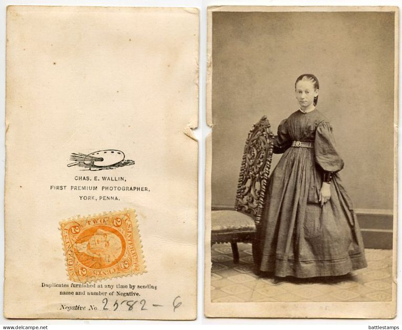 United States 1860‘s Photograph, Woman, Chas. E. Wallin, York Pennsylvania, Scott R15c Revenue Stamp - Steuermarken