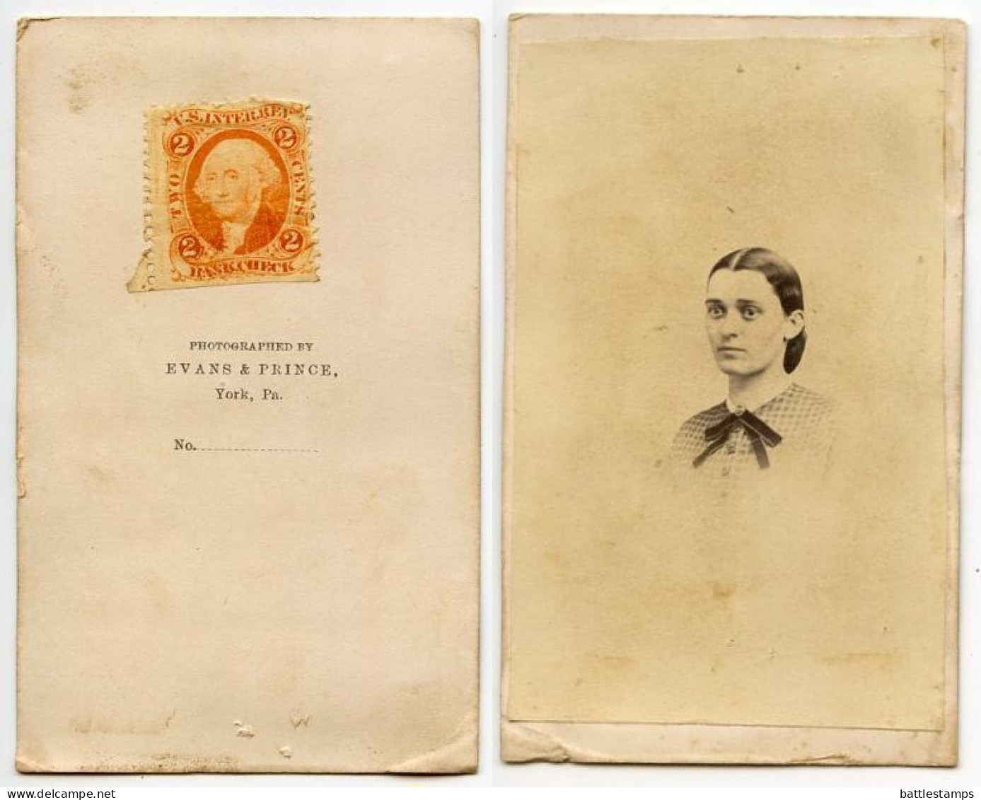 United States 1860‘s Photograph, Woman - Evans & Prince, York, Pennsylvania - Scott R6c Revenue Stamp - Steuermarken