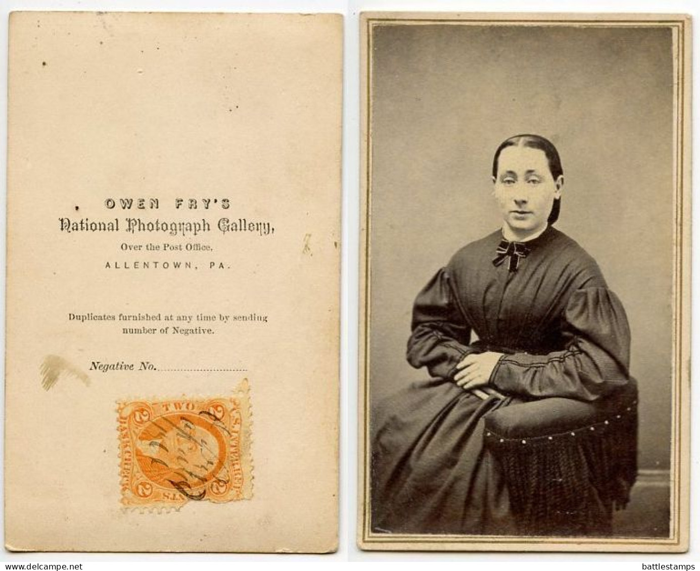 United States 1860‘s Photograph, Woman - Owen Fry's National Gallery, Allentown, Pennsylvania - Scott R6c Revenue Stamp - Fiscaux