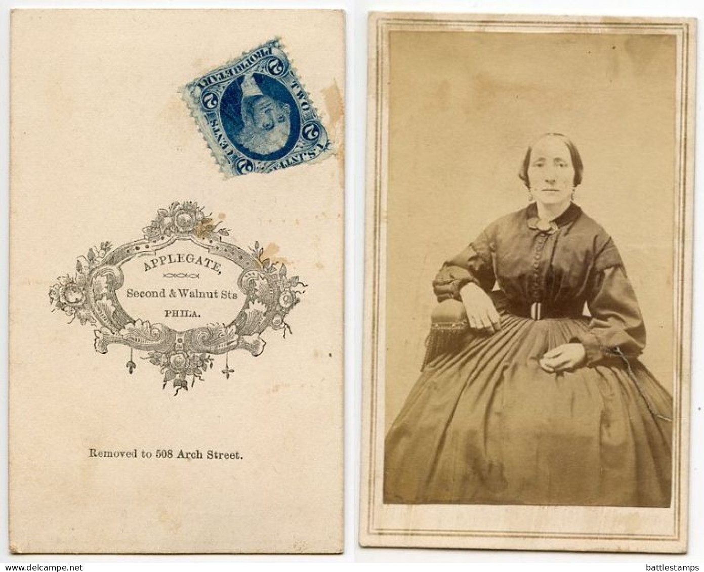 United States 1860‘s Photograph, Woman - Applegate, Philadelphia Pennsylvania - Scott R13c Revenue Stamp - Fiscali