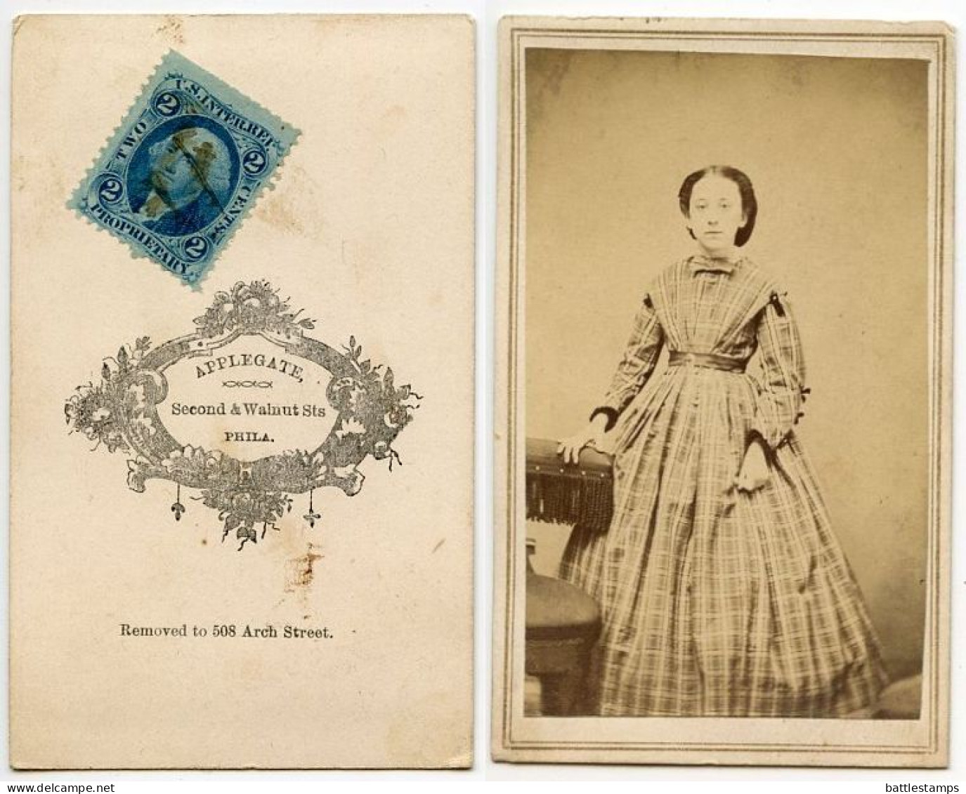 United States 1860‘s Photograph, Woman - Applegate, Philadelphia Pennsylvania - Scott R13c Revenue Stamp - Revenues