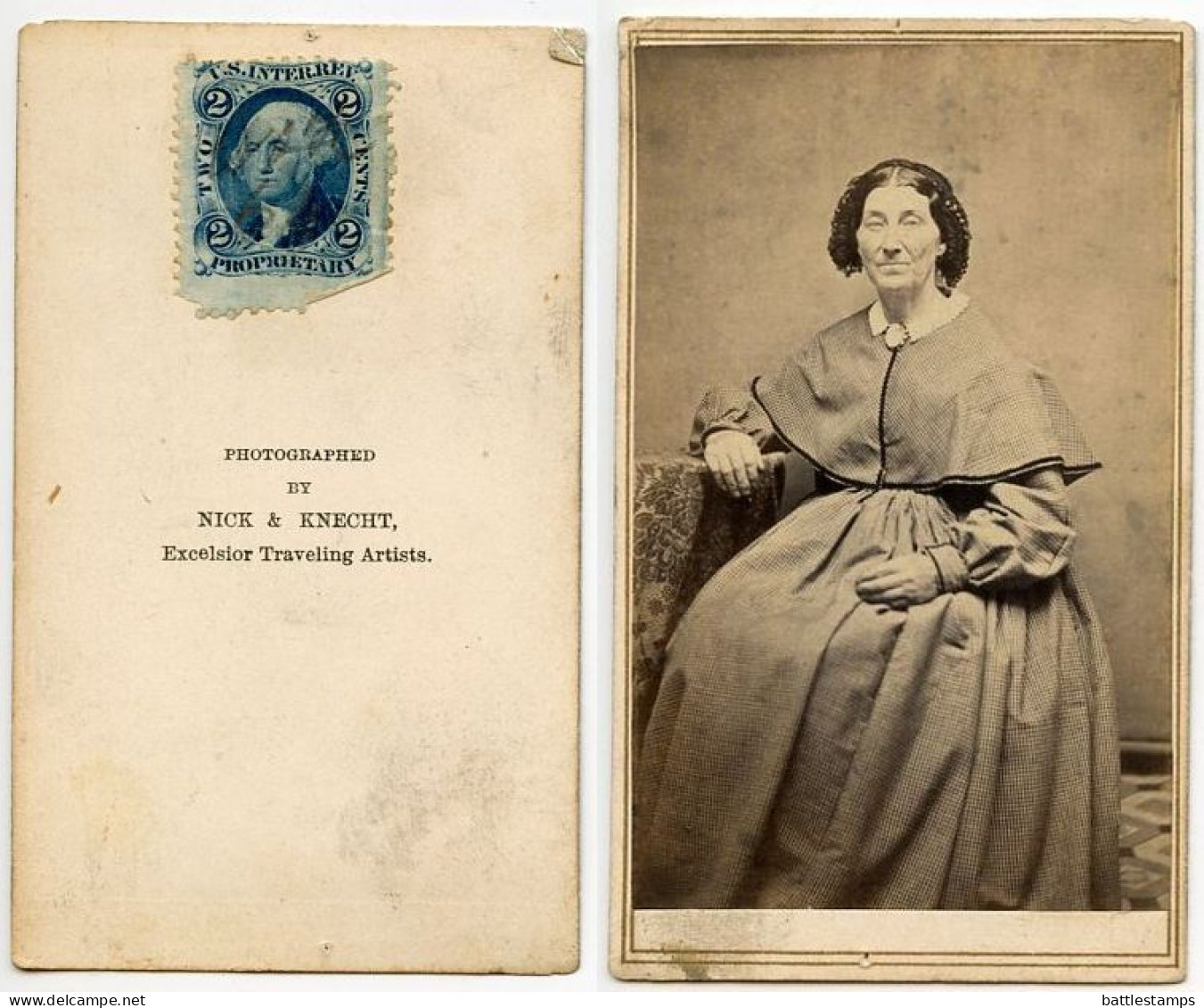 United States 1860‘s Photograph, Woman - Nick & Knecht, Traveling Artists - Scott R13c Revenue Stamp - Fiscaux