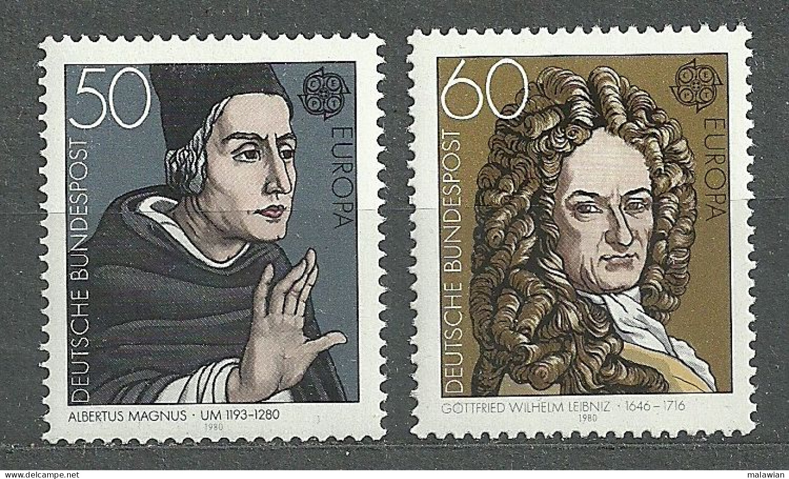 Germany, 1980 (#937-38a), Europa CEPT, Bishop Albertus Magnus Philosopher And Theologian, Gottfried Leibniz - 2v - Théologiens