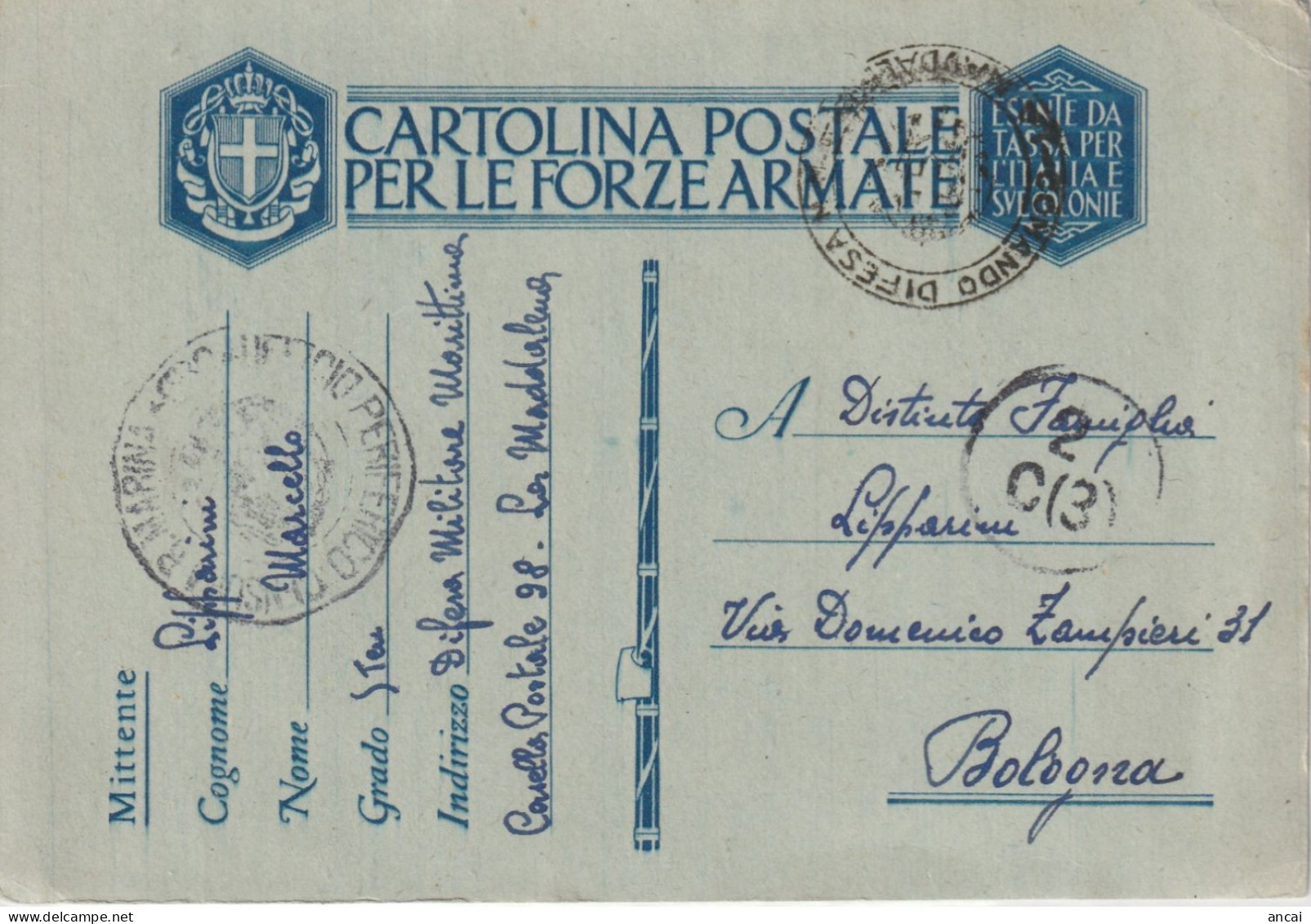 1943. La Maddalena. Cartolina Postale Da DIFESA MILITARE MARITTIMA Per Bologna - 1939-45