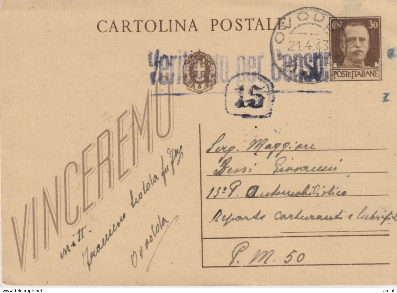 1943. Ovodda. Cartolina Postale Da Ovodda Per PM 50. Annullo Del Postino. VERIFICATO PER CENSURA - 1939-45