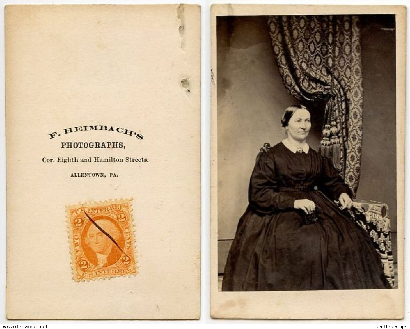 United States 1860‘s Photograph, Woman - F. Heimbach, Allentown Pennsylvania - Scott R15c Revenue Stamp - Revenues