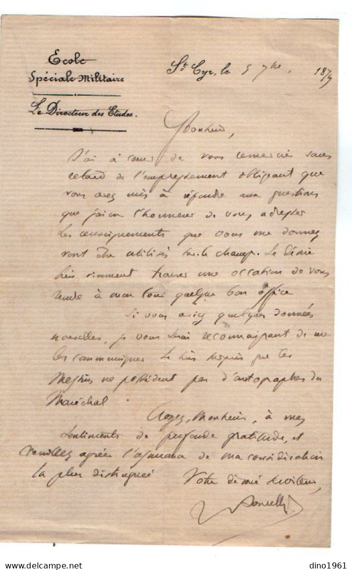 VP22.380 - MILITARIA - Ecole Spéciale De SAINT - CYR 1874 - Lettre De M. Le Directeur Des Etudes M. ? - Documents