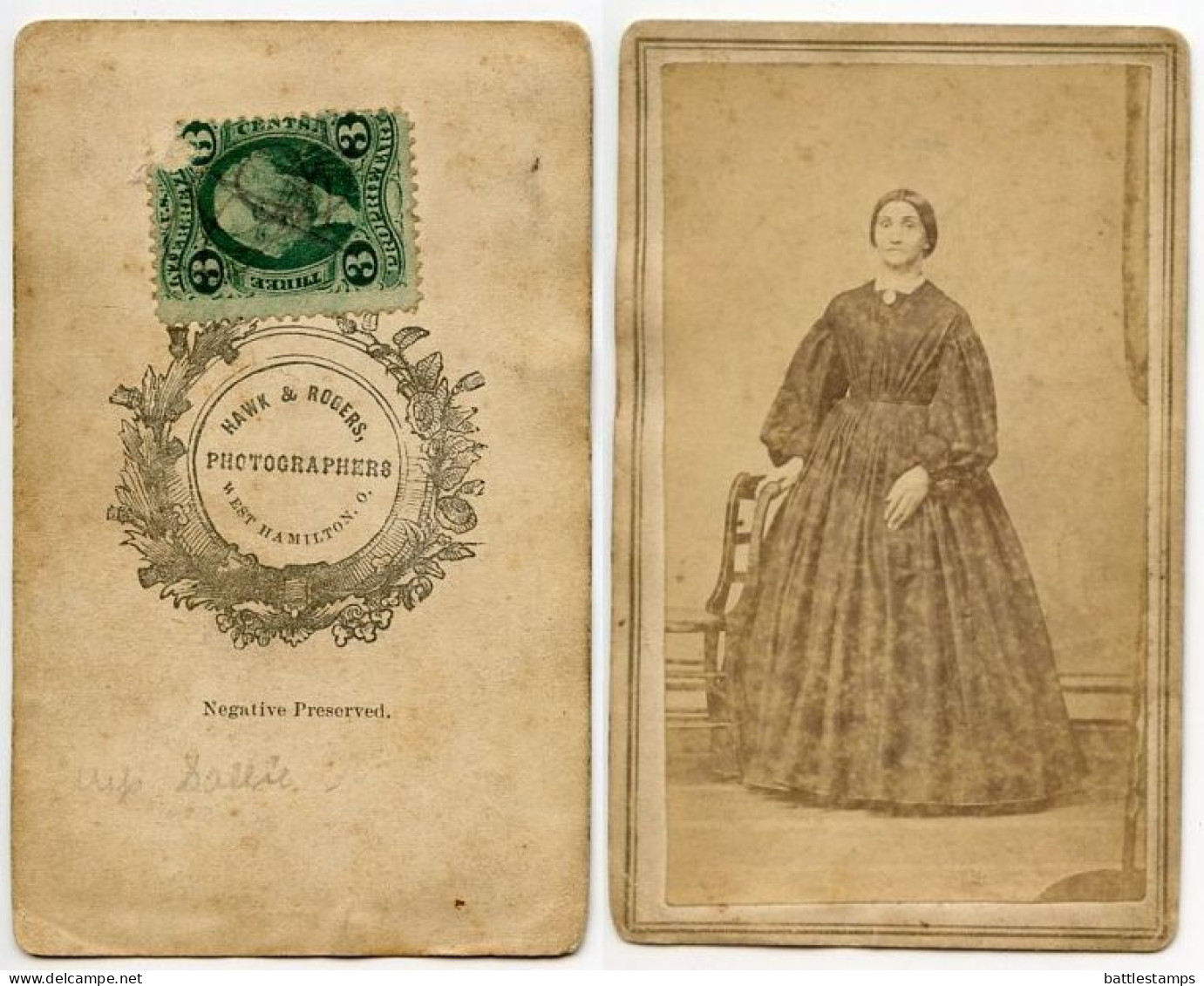 United States 1860‘s Photograph, Woman - Hawk & Rogers, West Hamilton Ohio - Scott R18c Revenue Stamp - Fiscaux