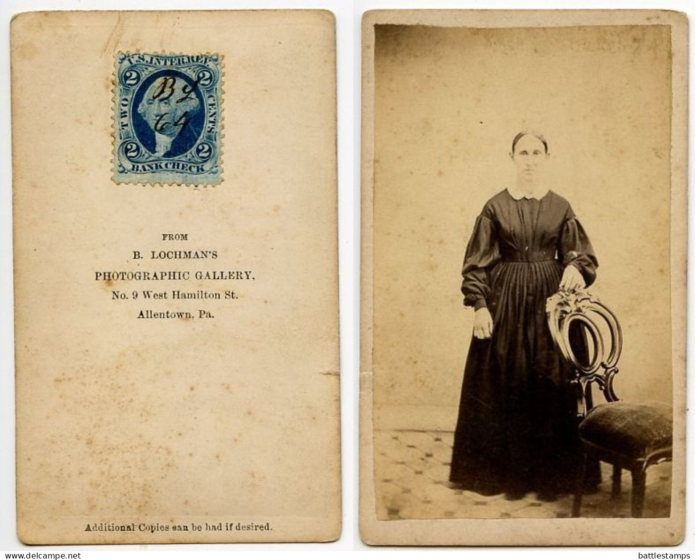 United States 1860‘s Photograph, Woman - B. Lochman, Allentown Pennsylvania - Scott R5c Revenue Stamp - Fiscali