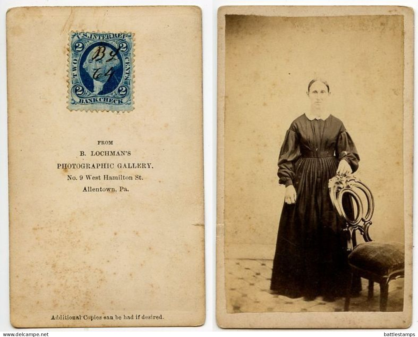 United States 1860‘s Photograph, Woman - B. Lochman, Allentown Pennsylvania - Scott R5c Revenue Stamp - Revenues