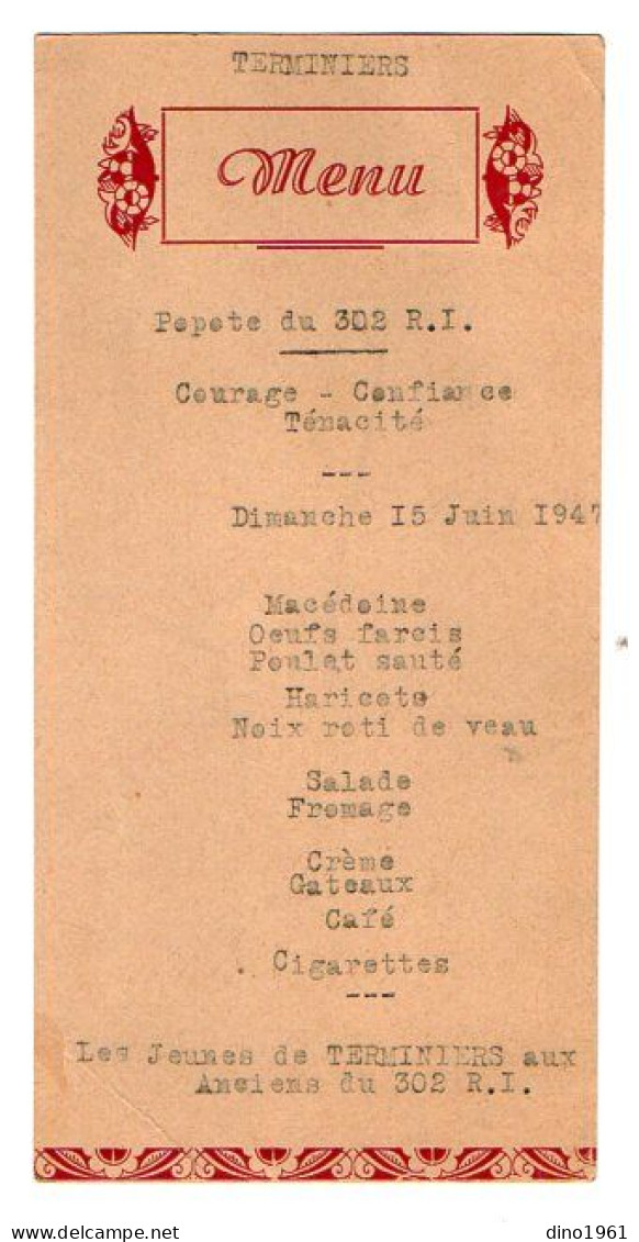 VP22.381 - MILITARIA - Menu - TERMINIERS  1947 - Popote Du 302 R. I. - Documentos