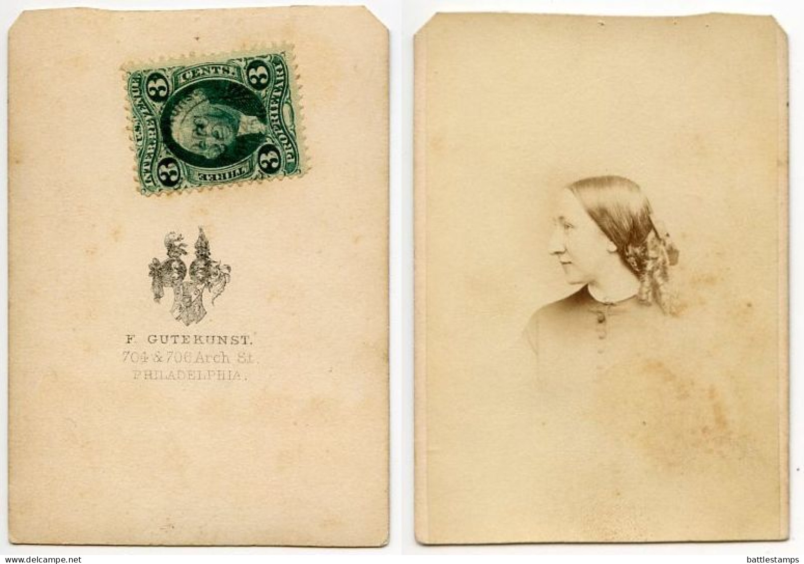United States 1860‘s Photograph, Woman - F. Gutekun St., Philadelphia Pennsylvania, Scott R18c Revenue Stamp - Fiscale Zegels