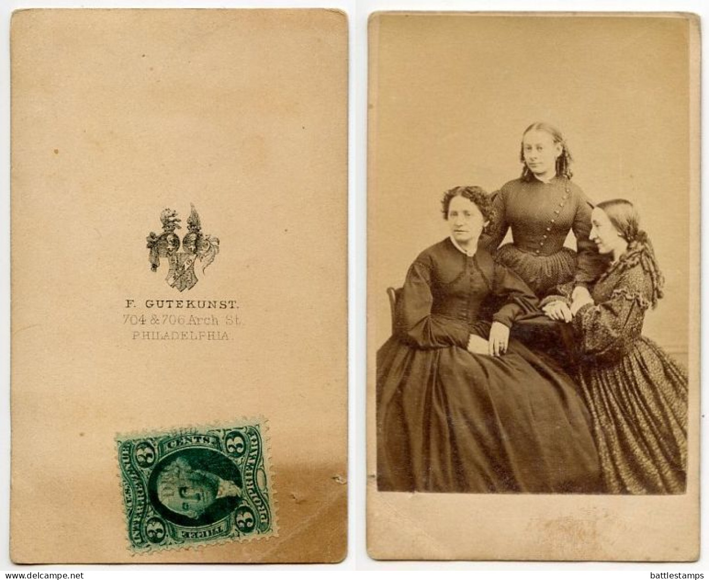United States 1860‘s Photograph, Three Women - F. Gutekun St., Philadelphia Pennsylvania, Scott R18c Revenue Stamp - Fiscali