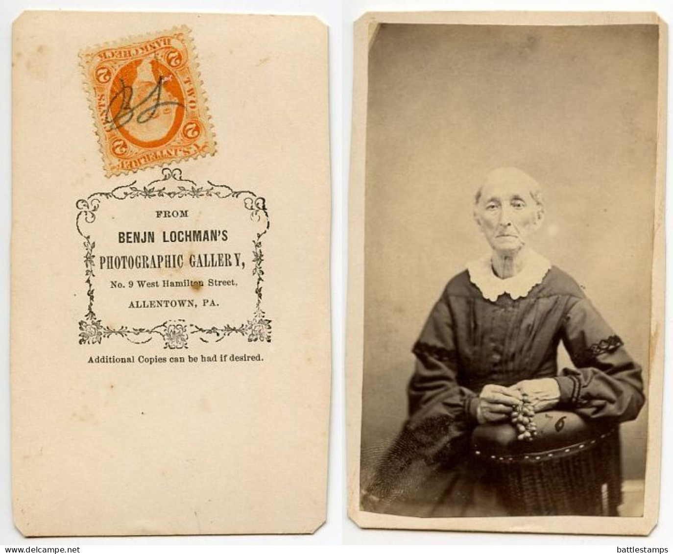 United States 1860‘s Photograph, Old Woman - Benjn Lochman, Allentown Pennsylvania Scott R6c Revenue Stamp - Steuermarken