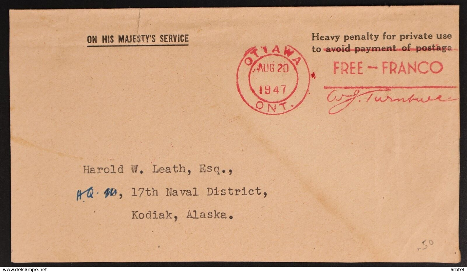 CANADA OTTAWA 1947 A KODIAK ALASKA OHMS FREE FRANCO - Covers & Documents