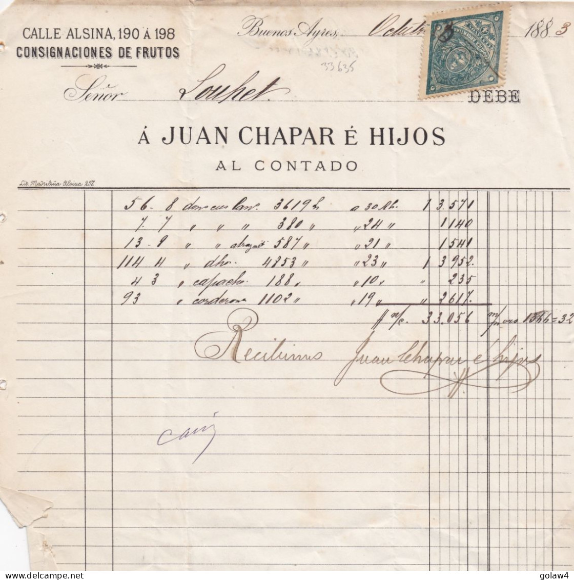 33635# ARGENTINE TIMBRE FISCAL LOSANGE ARGENTINA DOCUMENT BUENOS AIRES 1883 - Brieven En Documenten