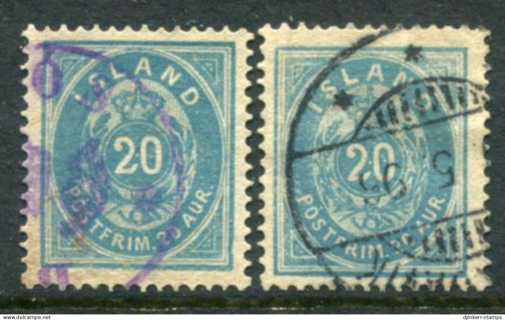 ICELAND 1882-85 Definitive 20 Aur. Perforated 14:13½ In Both Shades, Used.  Michel 14Aa-b - Usados