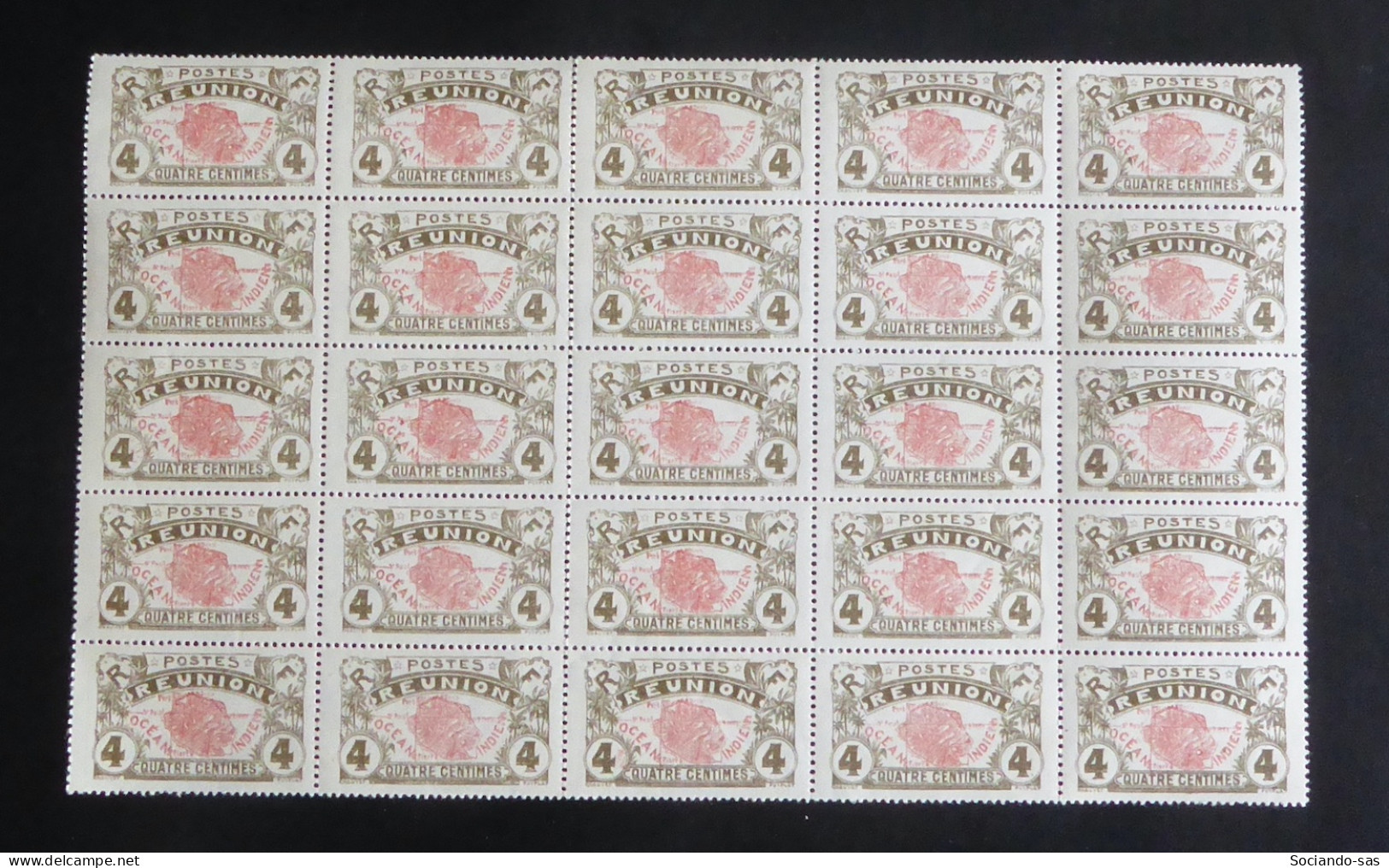 REUNION - 1907-17 - N°YT. 58 - Carte De L'ile 4c - Bloc De 25 - Neuf Luxe ** / MNH / Postfrisch - Neufs