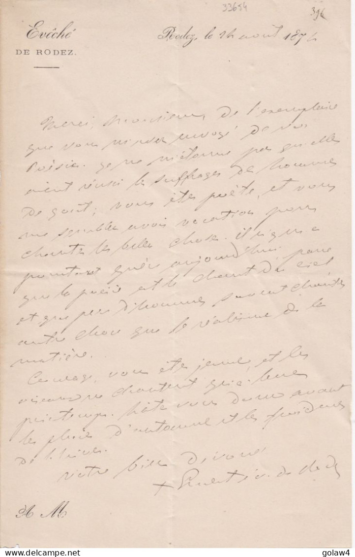 33654# COURRIER EN TETE EVECHE DE RODEZ 24 AOUT 1872 AUTOGRAPHE DE L'EVEQUE ETIENNE EMILE RAMADIE - Personnages Historiques