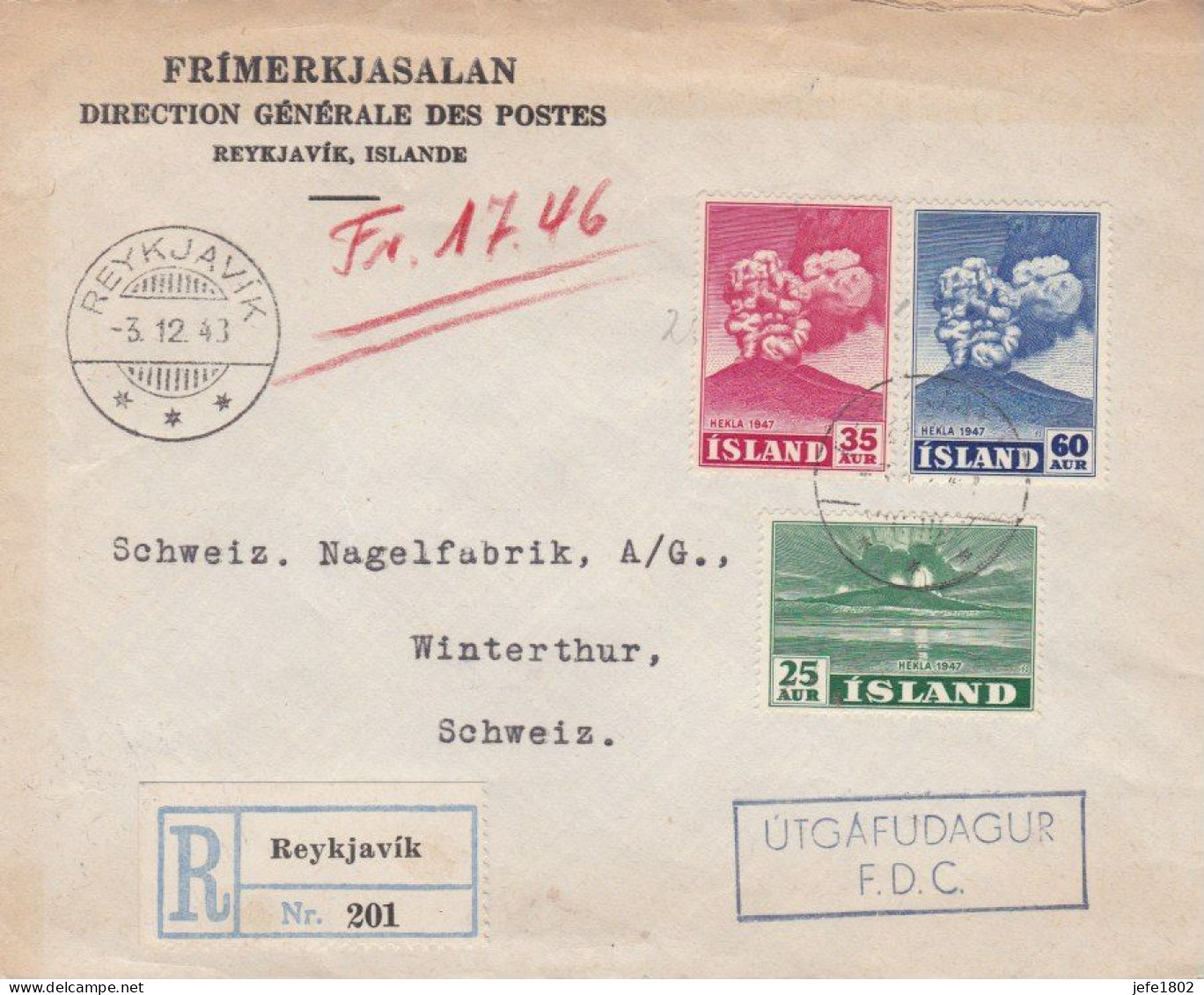 HEKLA 1947 On Registered Mail From Reykjavik To Winterthur - Switzerland (Schweiz) - Lettres & Documents