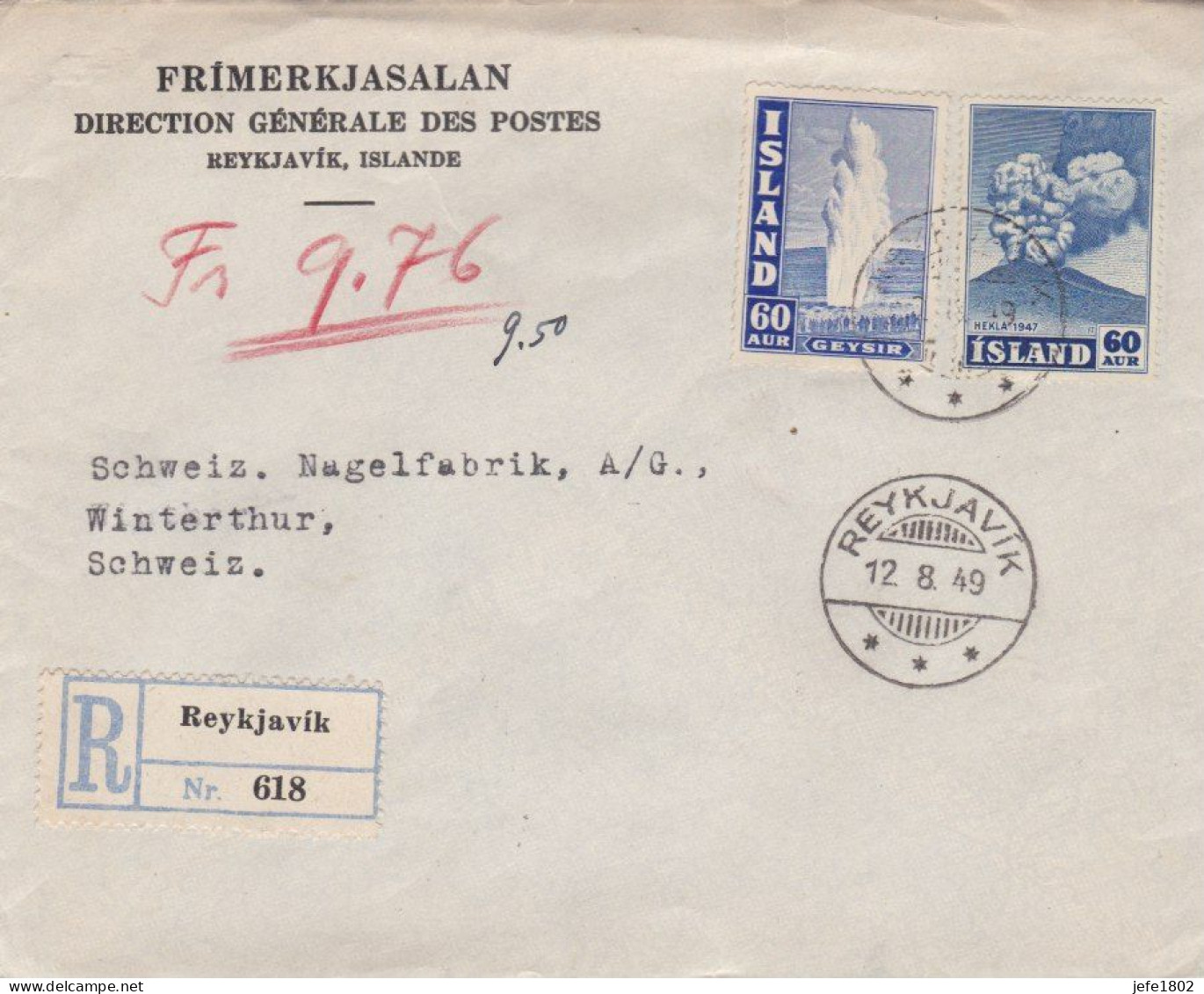 HEKLA 1947 On Registered Mail From Reykjavik To Winterthur - Switzerland (Schweiz) - Briefe U. Dokumente