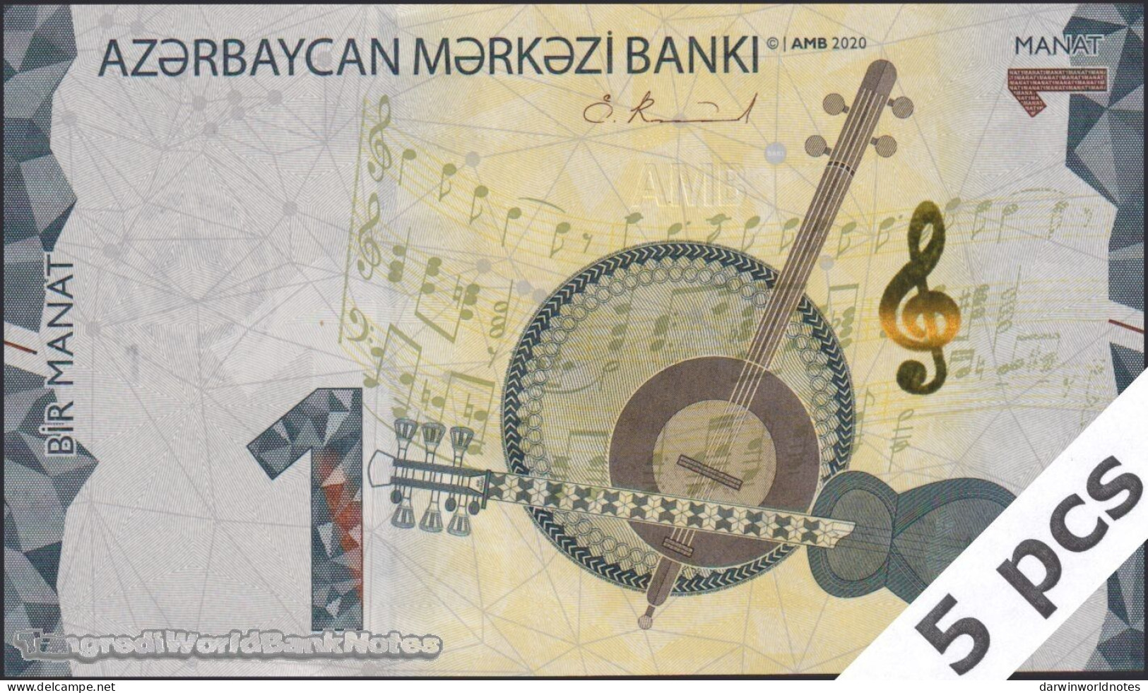 DWN - AZERBAIJAN P.38 - 1 Manat 2020 (2021) UNC Various Prefixes DEALERS LOT X 5 - Azerbaïjan