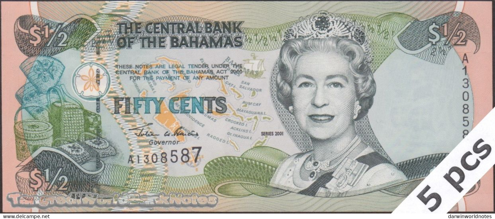 DWN - BAHAMAS P.68 - ½ Dollar A.2000 (2001) UNC Various Prefixes DEALERS LOT X 5 - Bahama's