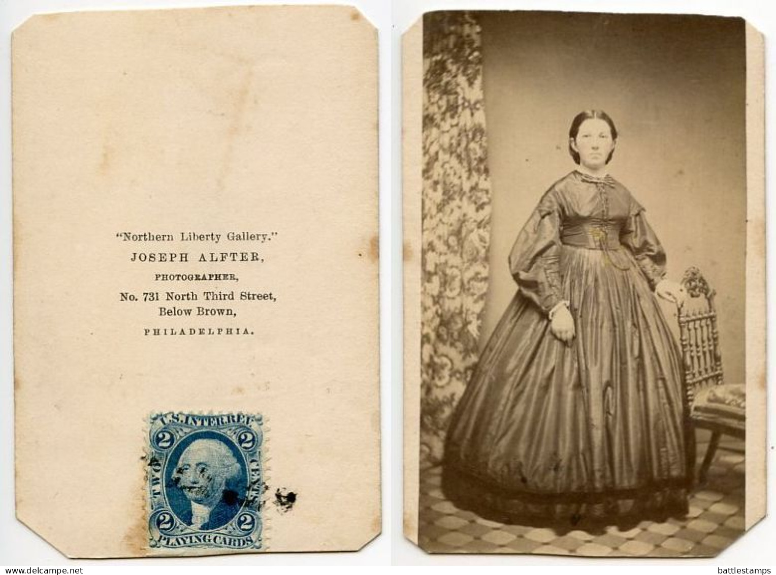 United States 1860‘s Photograph, Woman - Joseph Alfter, Philadelphia Pennsylvania, Scott R11c Revenue Stamp - Steuermarken