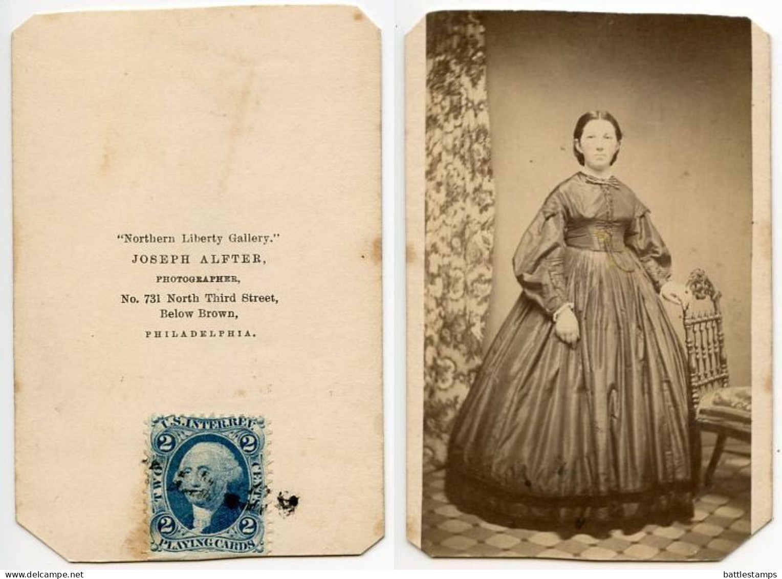 United States 1860‘s Photograph, Woman - Joseph Alfter, Philadelphia Pennsylvania, Scott R11c Revenue Stamp - Fiscaux