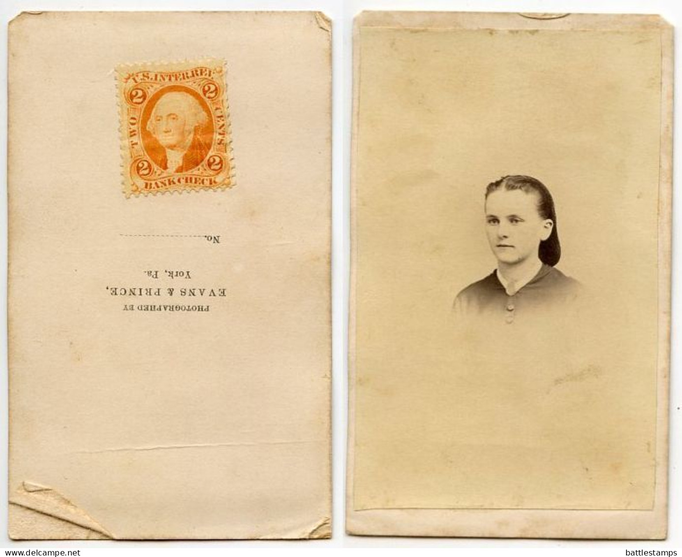 United States 1860‘s Photograph, Woman - Evans & Prince, York Pennsylvania, Scott R6c Revenue Stamp - Fiscaux