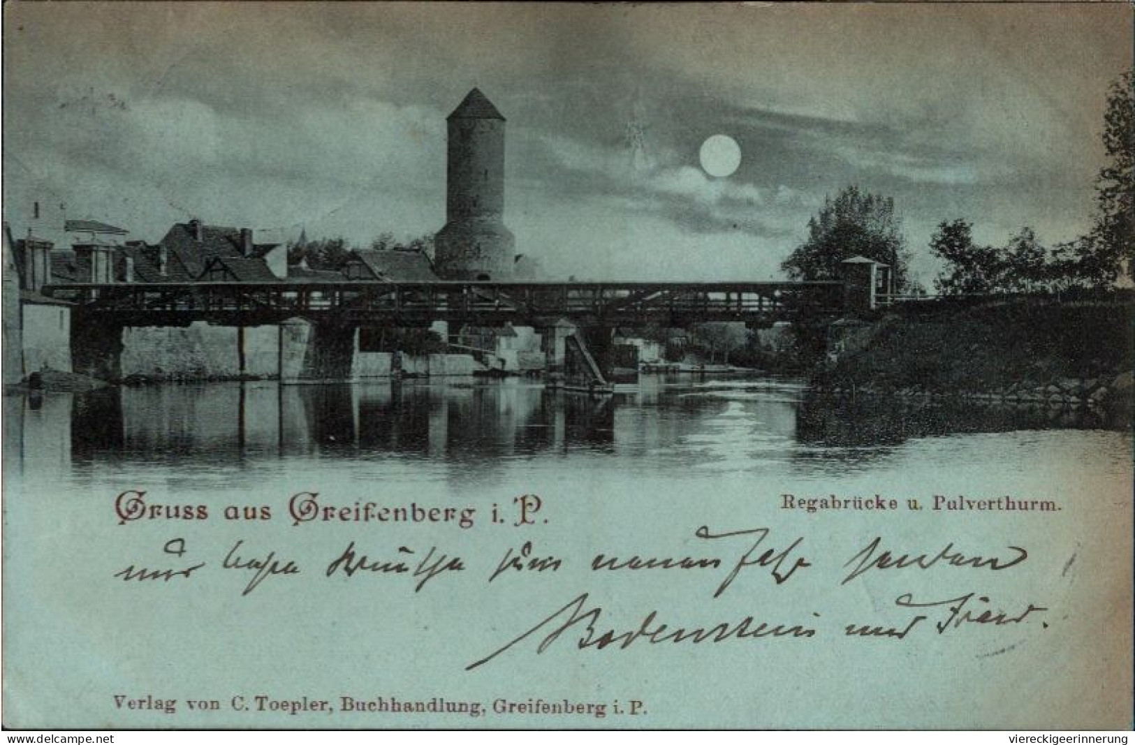 ! Alte Mondschein Ansichtskarte Gruss Aus Greiffenberg In Pommern, Regabrücke, Polen, 1898, Bahnpoststempel - Pommern