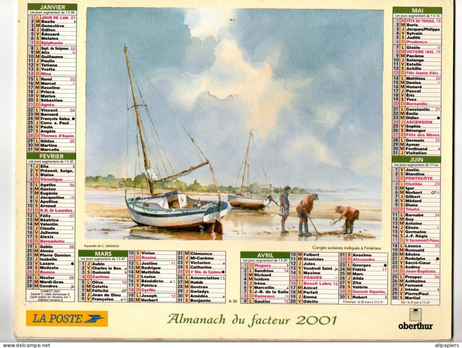 Almanach Du Facteur 2001 Oberthur - Complet Région Nord - Grossformat : 1991-00