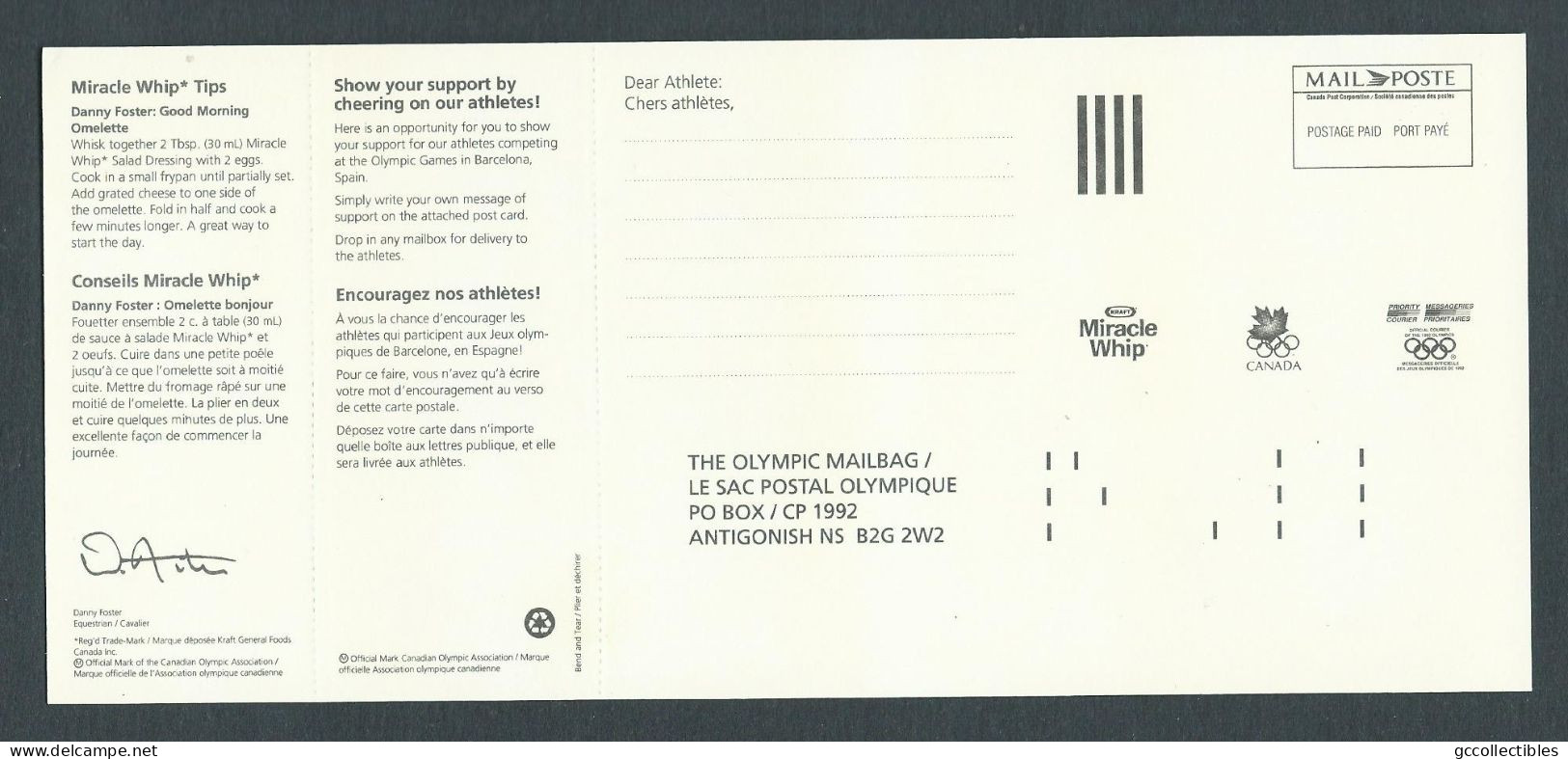 Canada-Post Miracle Whip Post Card Uncirculated - Summer Olympics 1992 - Enteros Postales Del Correo