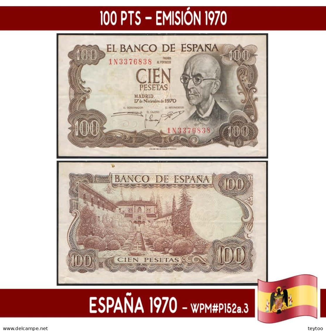 B0984.1# España 1970. 100 Pts. Manuel De Falla (VF) WP#P152a.3 - 100 Pesetas