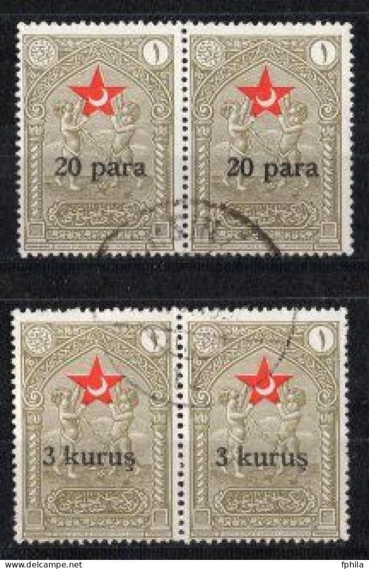 1932 TURKEY STAMPS IN AID OF THE TURKISH SOCIETY FOR THE PROTECTION OF CHILDREN SURCHARGED WITH LARGE LETTERS PAIRS USED - Charity Stamps