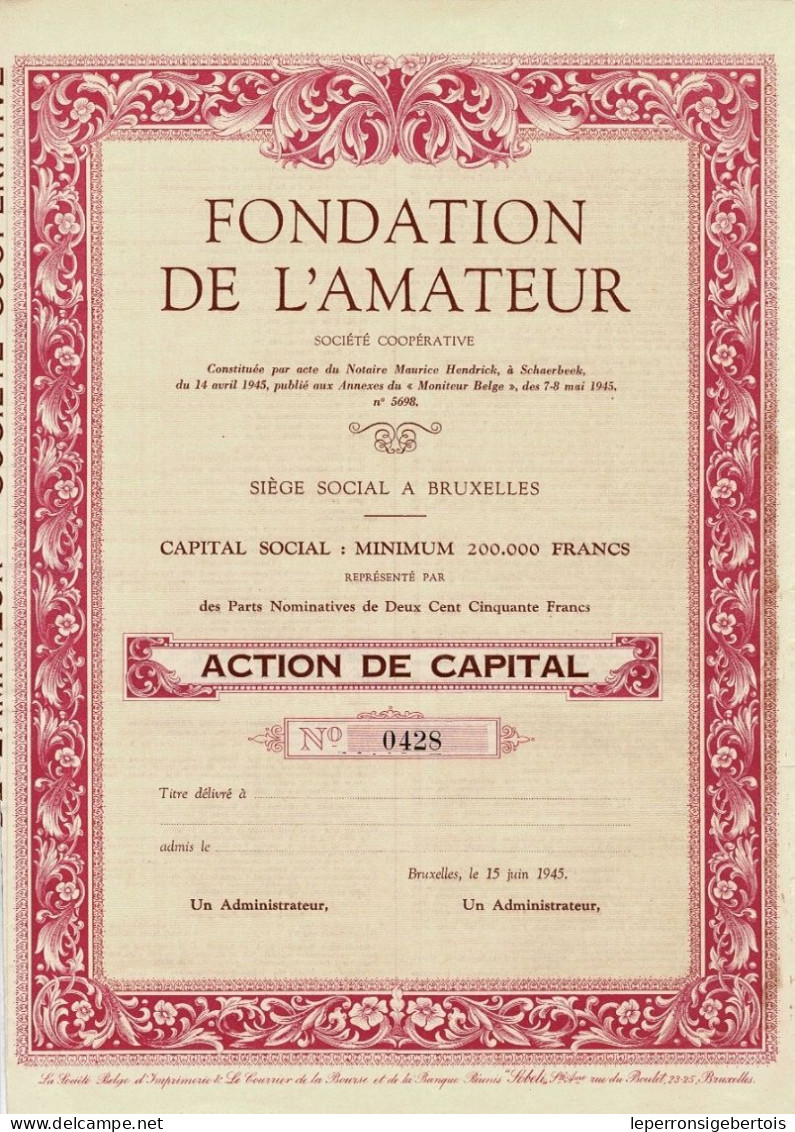 Titre De 1945 - Fondation De L'Amateur - Société Coopérative - Blanco - Kino & Theater