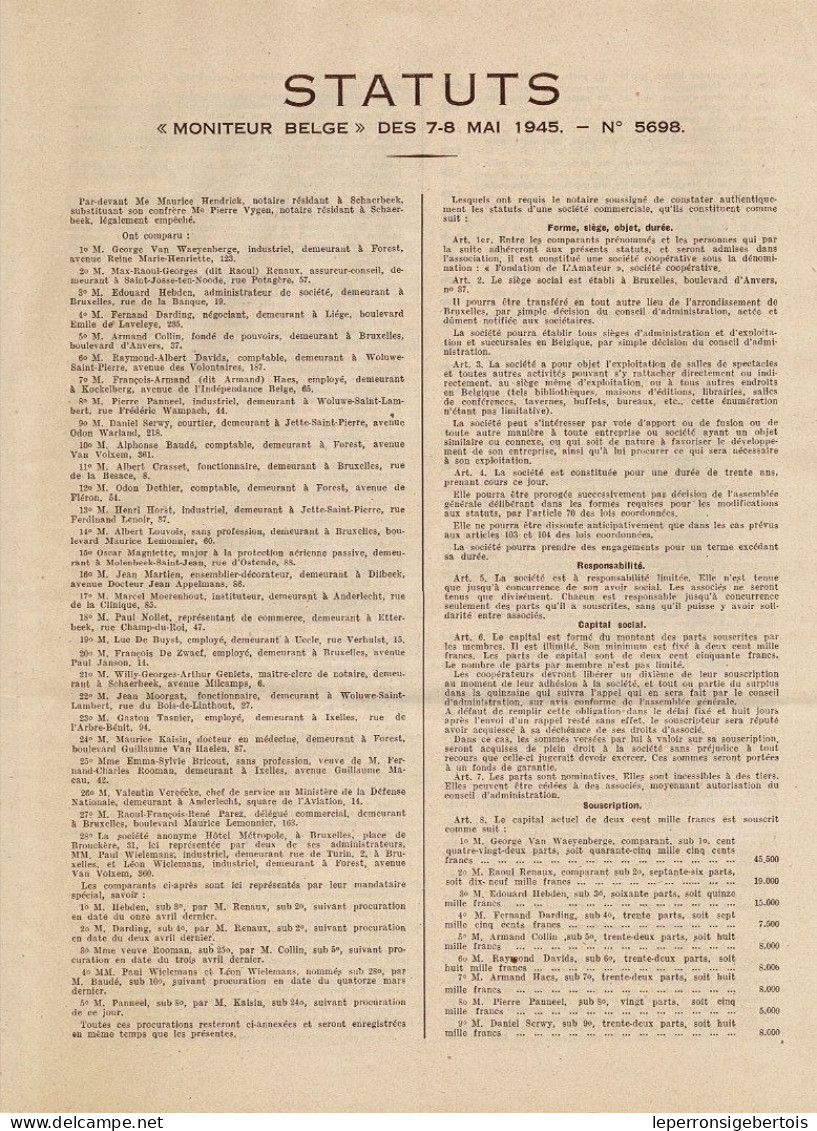 Titre De 1945 - Fondation De L'Amateur - Société Coopérative - Blanco - Cinema & Teatro