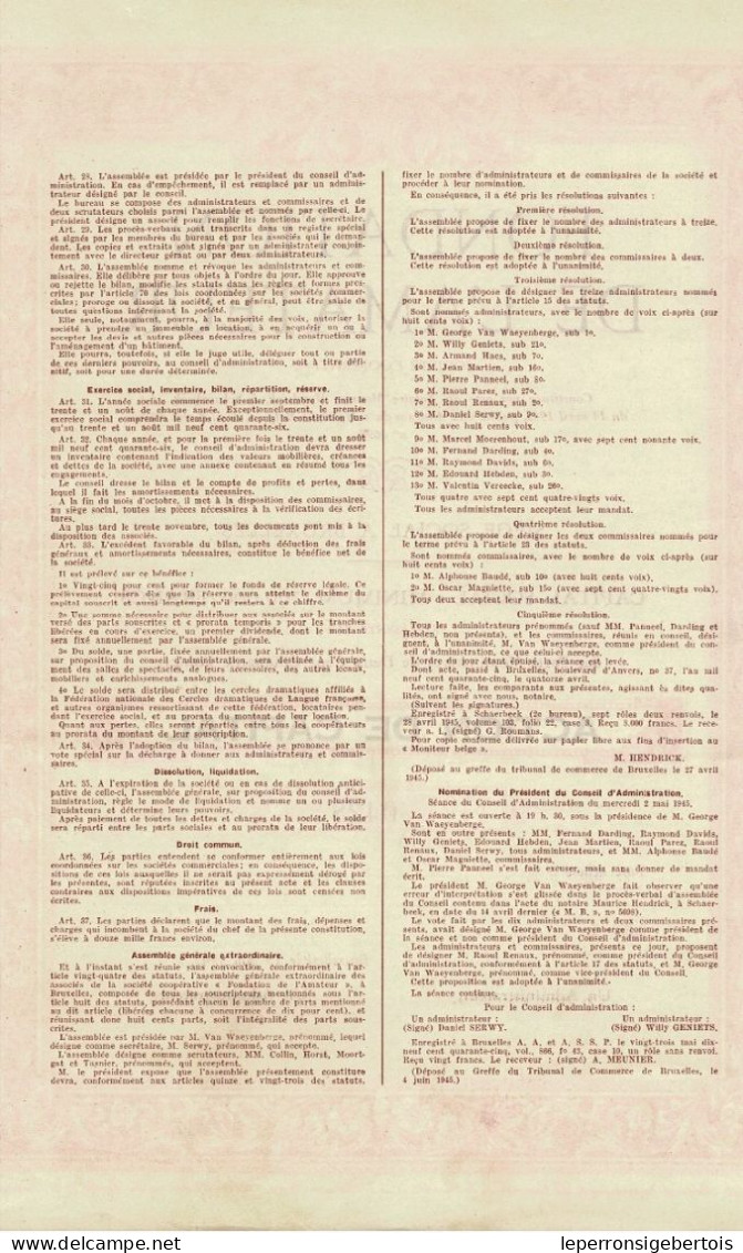 Titre De 1945 - Fondation De L'Amateur - Société Coopérative - Blanco - Cine & Teatro