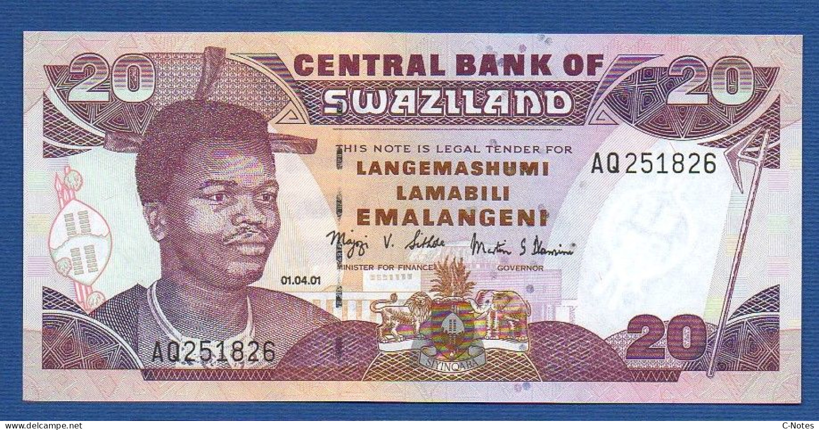 SWAZILAND - P.30a – 20 Emalangeni 2001 UNC, S/n AQ251826 - Swasiland