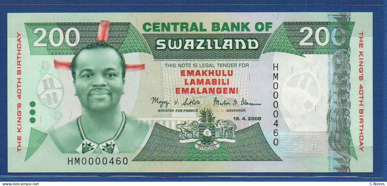 SWAZILAND - P.35 – 200 Emalangeni 2008 UNC, S/n HM0000460 Low Serial - Commemorative Issue - Swasiland